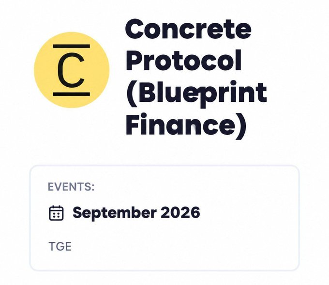 An informational graphic for "Concrete Protocol (Blueprint Finance)" displaying a calendar icon and the text "September 2026" under the heading "EVENTS: TGE."