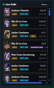 A mobile app screen showing 'Live Polls' with multiple entries for Jackson Chourio, Elly De La Cruz, Junior Caminero, and Pete Crow-Armstrong, each displaying vote counts and 'NEXT GEN' tags.