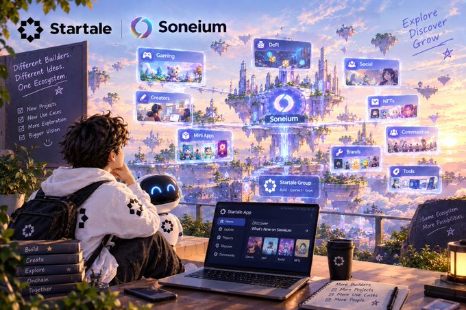 A promotional graphic for Soneium featuring a person looking at a futuristic cityscape with floating UI elements for categories like Gaming, DeFi, Social, NFTs, and Communities.