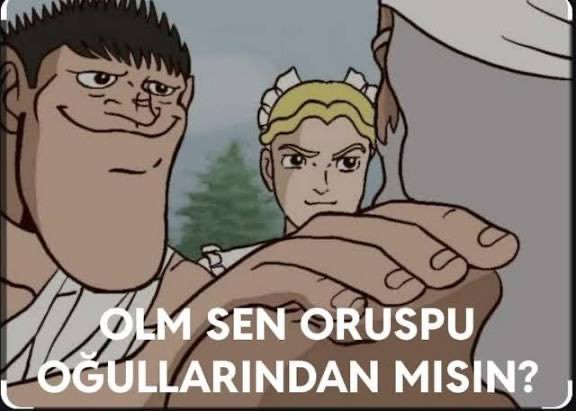 The image is a meme from a Turkish animated show featuring two characters confronting a larger figure, with the caption "OLM SEN ORUSPU OĞULLARINDAN MISIN?" ("Are you one of the sons of bitches?"). The meme humorously frames Binance and its leadership as the disapproving figure being confronted by users frustrated over the platform being kicked out of 27 European countries and its controversial associations.