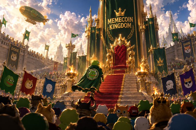 A fantasy illustration titled 'MEMECOIN KINGDOM' featuring a Pepe-like frog character in a green cloak standing before a throne, surrounded by a crowd and flags displaying various meme coins including DOGE and SHIB.