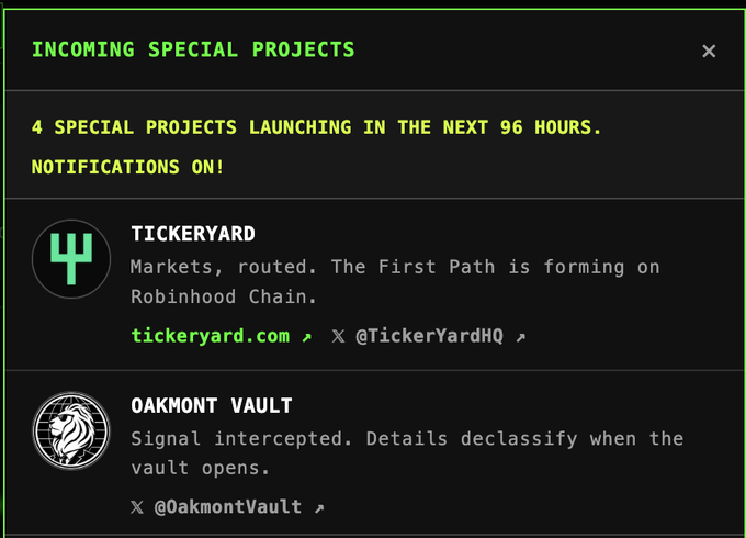The image is an "Incoming Special Projects" announcement highlighting 4 projects launching in the next 96 hours, featuring Tickeryard (markets on Robinhood Chain) and Oakmont Vault (details to be revealed). The post notes that Tickeryard, one of the listed projects, will launch via Stonk Launcher with 3,333 Yardkeeper NFTs at a $200K FDV, tying into the image's 96-hour launch timeline.