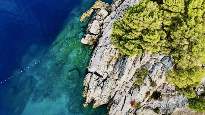 An aerial view of a rocky coastline with turquoise water on the left and dense green forest covering the cliffs on the right.