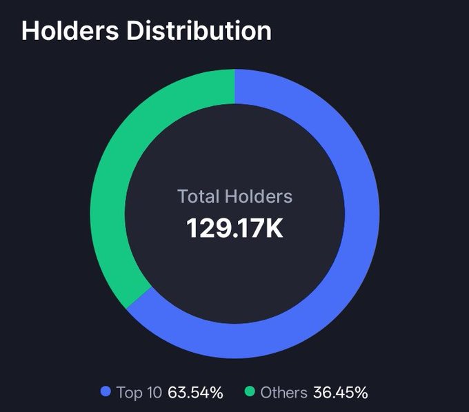 A donut chart titled "Holders Distribution" displays a total of 129.17K holders, with the Top 10 accounting for 63.54% (in blue) and Others comprising 36.45% (in green). The image highlights concentration of token ownership among a few wallets, likely supporting the call to onboard more holders to $ANSEM.