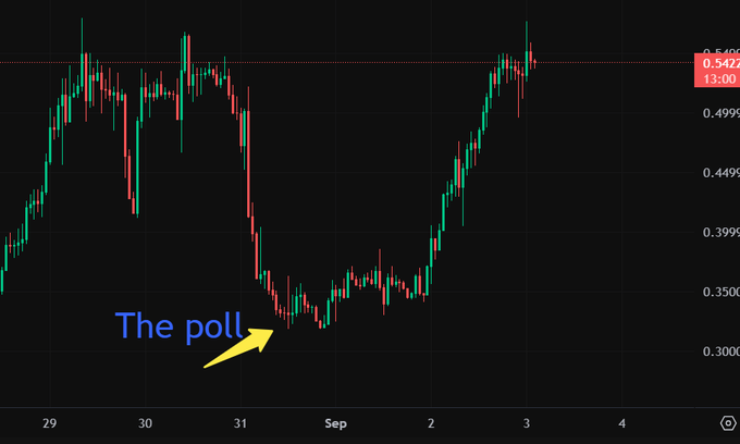 A candlestick chart displays price action from August 29 to September 4, with the price dropping sharply to around 0.30 before recovering to 0.542. An annotation labeled "The poll" with a yellow arrow points to the August 31 low, which the caption suggests marks the time when voters surprisingly rejected a poll about the token "Magma."