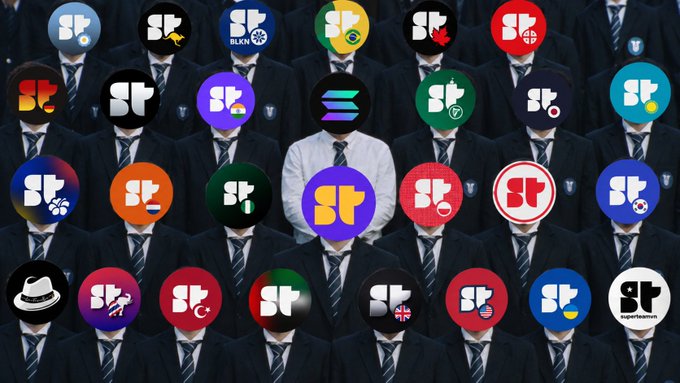 A grid displaying numerous colorful circular 'SP' logo icons overlaid on a background of identical figures in dark suits, with one figure in the center wearing a white shirt.