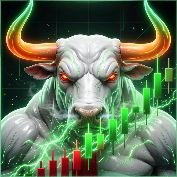 A muscular white bull with glowing orange horns and red eyes glares forward, surrounded by green energy, with green and red candlestick trading charts overlaid on the lower portion of the image. The fierce, charging bull visually reinforces the post's aggressive "fight back" message for the ticker $LEVI, symbolizing a powerful bullish rally.