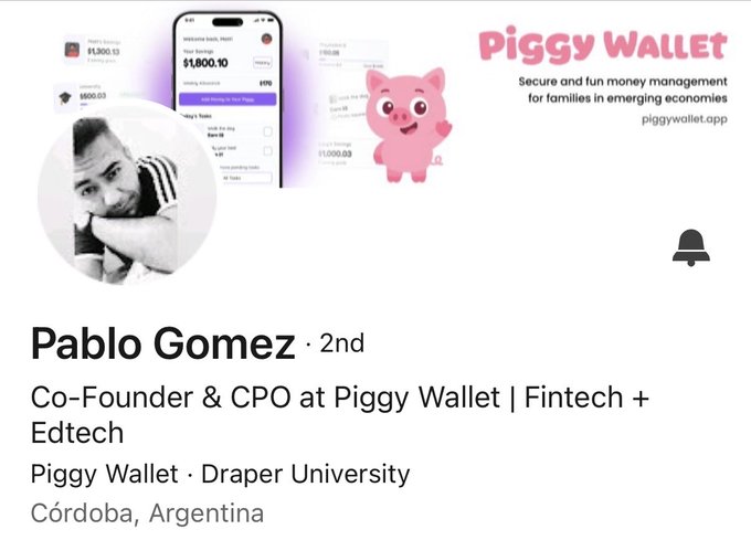 A LinkedIn-style profile for 'Pablo Gomez,' Co-Founder & CPO at Piggy Wallet, featuring his photo alongside the company's pink piggy logo and a mockup of their app.