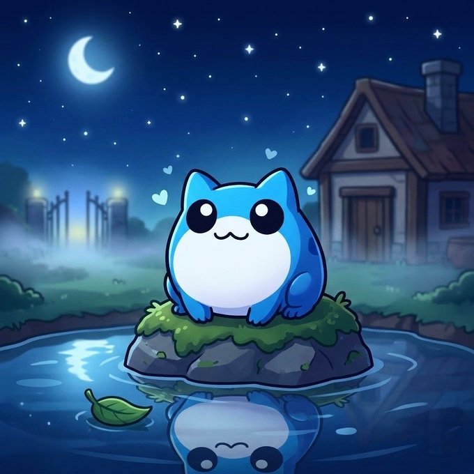 A cartoon illustration of a cute blue and white cat sitting on a grassy rock in a pond at night under a starry sky.