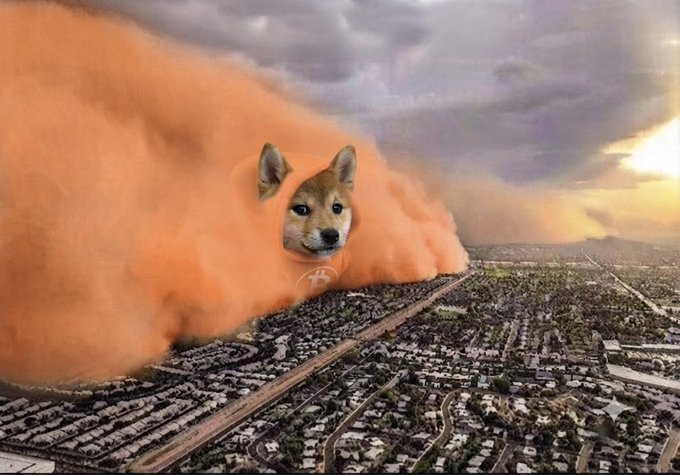 A surreal image showing an enormous Shiba Inu dog head emerging from a massive orange dust cloud or sandstorm over a sprawling suburban landscape.
