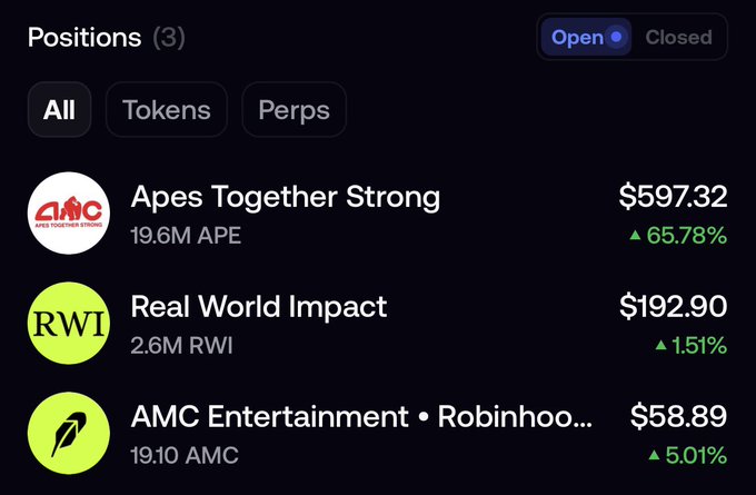 A screenshot of a trading app's Positions tab showing three open holdings: Apes Together Strong (ATS, +65.78%), Real World Impact (RWI, +1.51%), and AMC Entertainment on Robinhood (+5.01%).