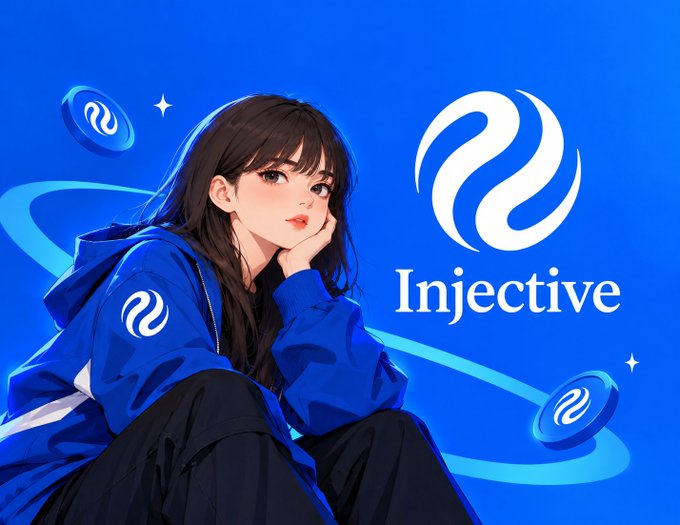 An anime-style woman in a blue jacket sits against a bright blue background featuring the Injective logo and the word “Injective.” The branded design reinforces the accompanying message, “Imagine building anywhere but on Injective,” by promoting Injective as the place to build.