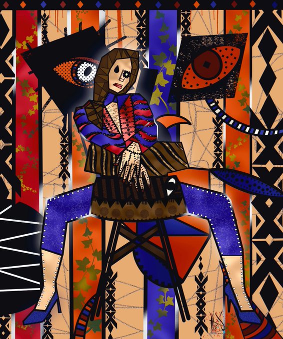 A digital art piece depicts a seated figure in a brown striped dress with long blue legs, surrounded by surreal elements including large eyes on floating screens and intricate geometric patterns in red, blue, and orange tones, being promoted by the artist "Gn friends" on the @objktcom platform.