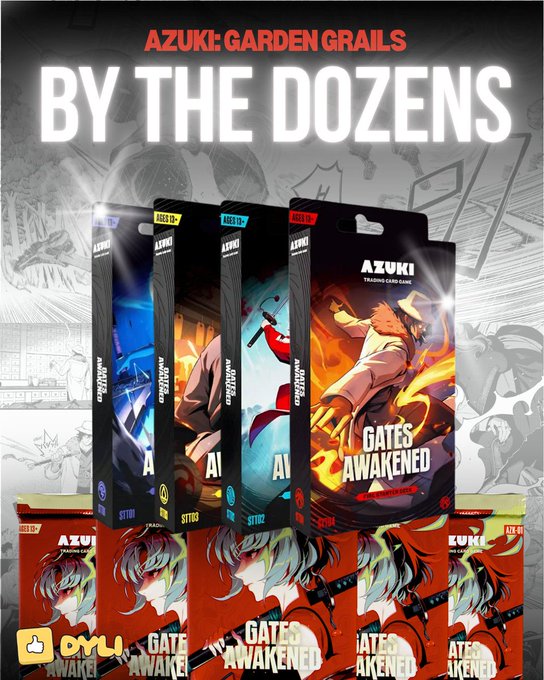 An advertisement for 'AZUKI: GARDEN GRAILS' trading card game featuring 'BY THE DOZENS' packs and boxes, including the 'GATES AWAKENED' booster box, with an 'OVLI' logo at the bottom.