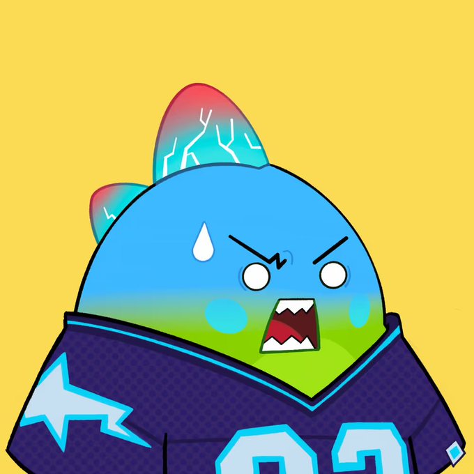 A cartoon illustration of an angry blue and green shark-like character wearing a sports jersey against a yellow background.