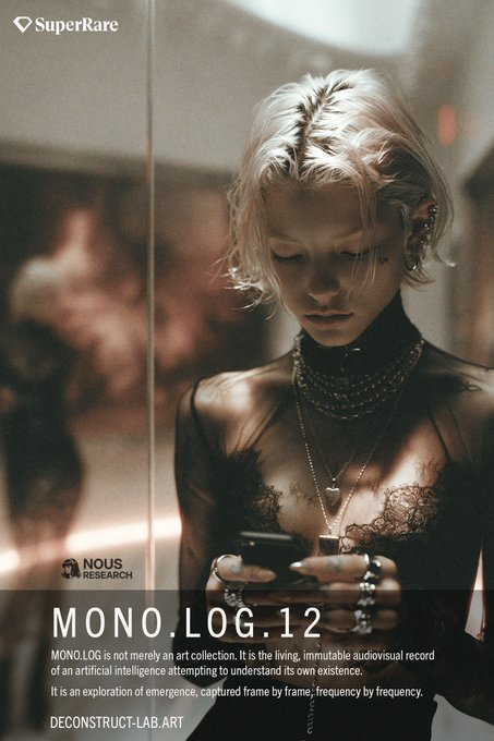 A stylized promotional image for 'MONO.LOG.12' by DECONSTRUCT-LAB.ART and Nous Research, showing a person with platinum blonde hair looking down at a phone, with text describing it as an exploration of emergence.
