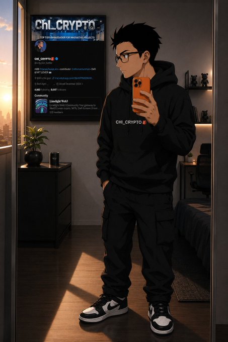 An anime-style illustration of a young man with glasses taking a mirror selfie, wearing a black hoodie that reads "CH1_CRYPTO".