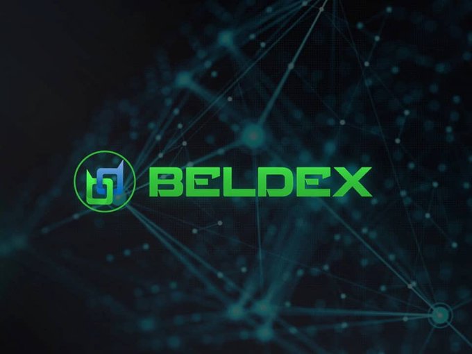 The image displays the "BELDEX" logo in bright green text alongside a circular green icon, set against a dark background featuring an interconnected web of glowing blue nodes and lines symbolizing a digital network. This visual reinforces the accompanying message about Beldex's role in building a privacy-focused Web3 ecosystem with interconnected infrastructure, applications, and identity layers.