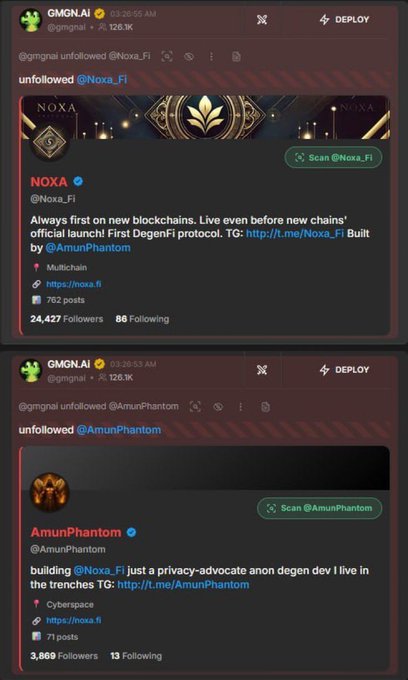 GMGN.AI Twitter bot posts announcing unfollows of @Noxa_FI (a 'DegenFi protocol' built by @AmunPhantom) and @AmunPhantom, describing them as a 'privacy-advocate anon degen dev.'