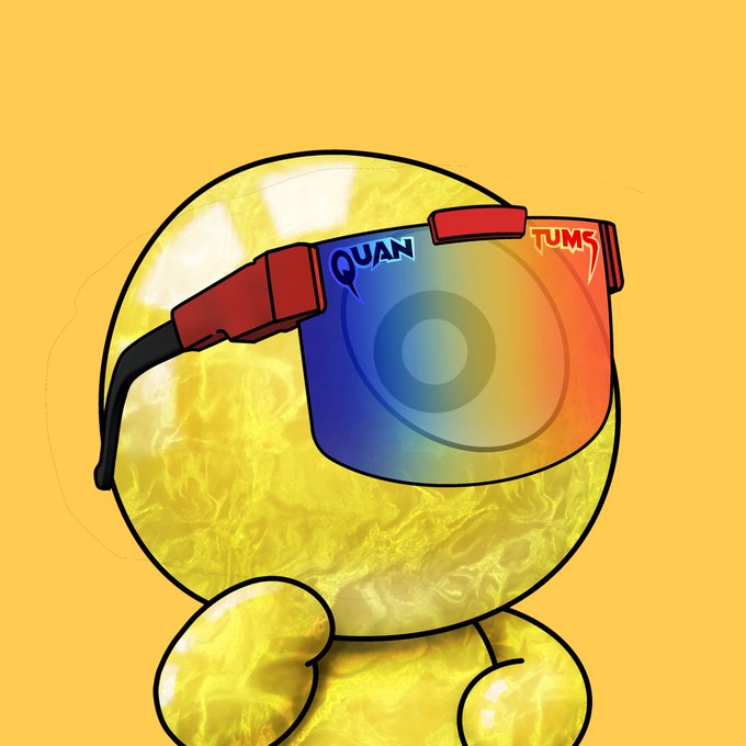 A yellow marble-textured character wears rainbow-gradient visor sunglasses with "QUANTUMS" written across them, tying into the post about the "Quantum #630" NFT minted with a "Gold, marble finish" and "Mog Shade" backing of 98 SPY.