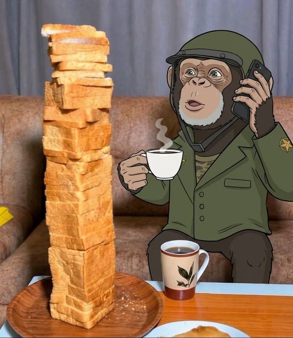 An AI-generated meme image of a monkey in military gear sitting on a couch holding a coffee cup and phone, with an impossibly tall stack of toasted bread slices beside it.