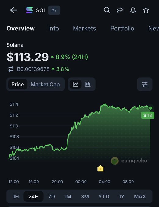 A CoinGecko mobile app screen displays Solana (SOL) priced at $113.29, up 8.9% in 24 hours, with a green price chart.