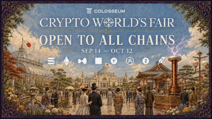 A vintage-style poster for 'COLOSSEUM - CRYPTO WORLD'S FAIR - OPEN TO ALL CHAINS' running September 14 - October 12, featuring various crypto logos and a historical fairground illustration.