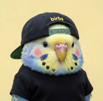 A colorful plush parakeet wearing a black baseball cap with "birbs" embroidered in yellow text, paired with a tiny black shirt, humorously personifying the playful internet slang "birbs are real."