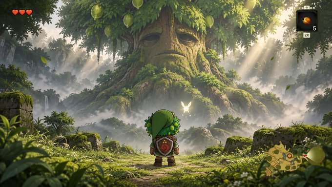 A video game screenshot showing a green-clad character with a shield facing a massive ancient tree with a face in a misty forest, with a heart meter and item counter displaying 5/28 in the corners.