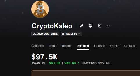 A screenshot of the CryptoKaleo OpenSea profile page showing a portfolio valued at $97.5K with a token PnL of +$63.9K (249.6% gain) on a $25.6K cost basis, which the post references as the author bragging about displaying all their crypto and stock holdings publicly in anticipation of reaching $1M+.