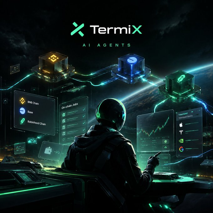 A promotional graphic for "TermiX AI Agents" showing a futuristic figure with a helmet viewing holographic displays featuring BNB Chain, Base, Robinhood Chain, on-chain jobs, and tokenized stocks, with blockchain cube icons above.