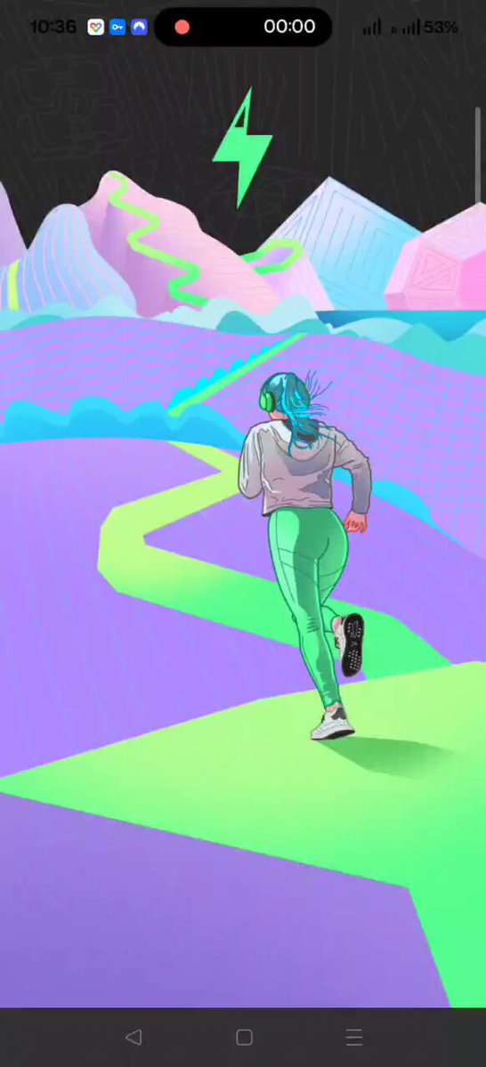 The image features a person running with headphones, wearing a green jacket and blue pants while listening to music through their headphones. They are running down a path that has an arrow pointing towards them, suggesting they might be following a specific route or direction. The background of the image is black, which contrasts with the colorful elements in the foreground. There's also a text overlay on the image that reads "Mystery box opening Full putple today #Stepn".