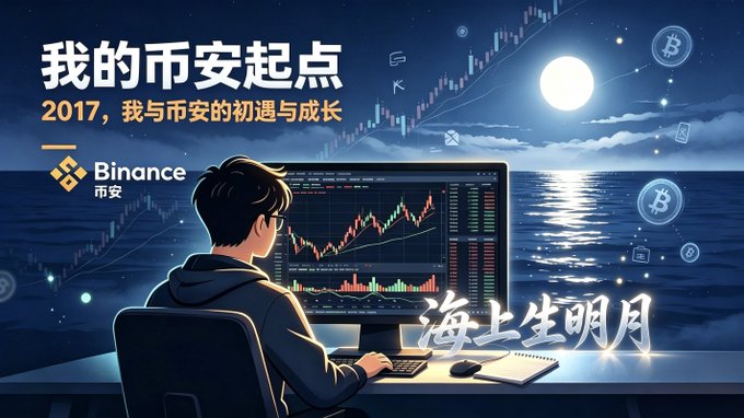 An illustrated promotional graphic for Binance featuring a person at a computer with cryptocurrency charts, a moon over the ocean, and Chinese text reading '我的币安起点 2017, 我与币安的初遇与成长' and '海上生明月'.