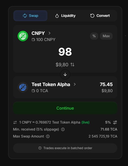 The image shows a crypto swap interface where 100 CNPY (Canopy Network testnet tokens, valued at $9.80) is being exchanged for approximately 75.45 Test Token Alpha (TCA) at a rate of 1 CNPY = 0.769872 TCA, with a 5% slippage tolerance. This illustrates the smooth multi-chain swap experience described in the post about testing the Canopy Network testnet activation.