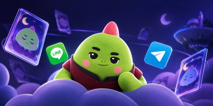 A green cartoon character with a red mohawk peeks over purple clouds against a starry night sky, surrounded by floating cards featuring sleepy cat icons, the LINE app logo, and the Telegram paper plane logo—visually tying to the announcement of Sleepagotchi LITE's launch on LINE Mini Dapps and its connection to Telegram.