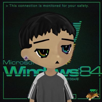 A digital illustration features a chibi-style character with mismatched eyes set against a green-themed Microsoft Windows 84 background.