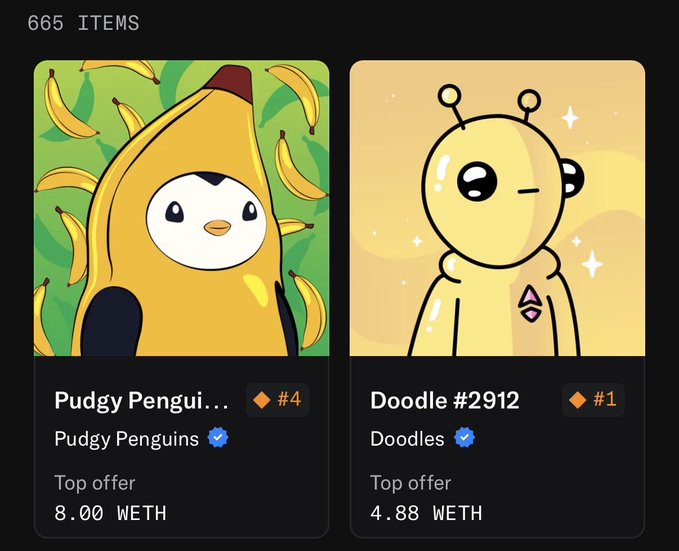 The image displays a screenshot from an NFT marketplace showing the top offers for two popular collections: "Pudgy Penguins" (#4, with an 8.00 WETH top offer) and "Doodles" (#1, with a 4.88 WETH top offer), featuring their iconic penguin-in-a-banana-costume and winking alien-like mascot respectively.

This relates to the post as it provides visual context for the collections mentioned by showing their current top offers on the marketplace, suggesting the poster is tracking or curious about collectors interested in these NFTs.