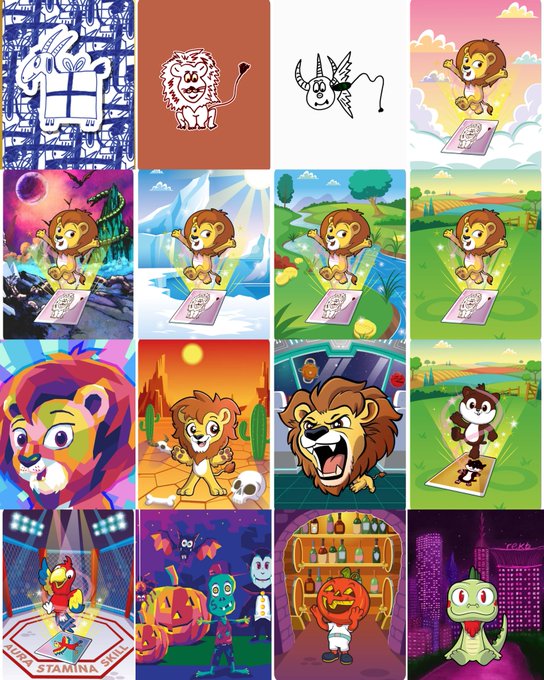 A 4x4 grid of various NFT artworks featuring cartoon animals like lions, a tiger, a snake, and a rooster, along with characters like a pumpkin-headed man and a frog, set against diverse backgrounds ranging from space and deserts to cityscapes.