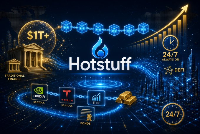 A promotional graphic for 'Hotstuff' featuring a glowing blue water drop logo, highlighting $1T+ traditional finance, 24/7 availability, DeFi, and connections to NVIDIA and Tesla US stocks, ETFs, and bonds with a gold upward arrow chart.