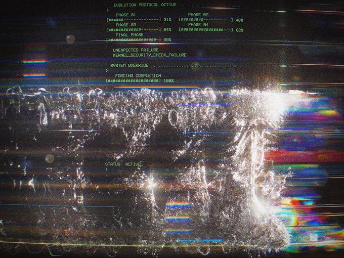 A glitch art image showing distorted visual static and color separation with green computer terminal text reading "EVOLUTION PROTOCOL ACTIVE", "UNEXPECTED FAILURE", "KERNEL_SECURITY_CHECK_FAILURE", and progress bars for various phases.