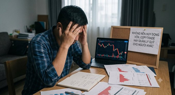 A stressed man with his head in his hands sits at a desk covered in financial charts and graphs on a laptop. A corkboard reads 'KHÔNG NÊN HUY ĐỘNG VỐN COPYTRADE HAY QUẢN LÝ QUỸ CHO NGƯỜI KHÁC' (Should not raise capital for copy trading or fund management for others).