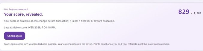 A screenshot of a Legion assessment result revealing a score of 829/1,000, dated 9/25/2026.