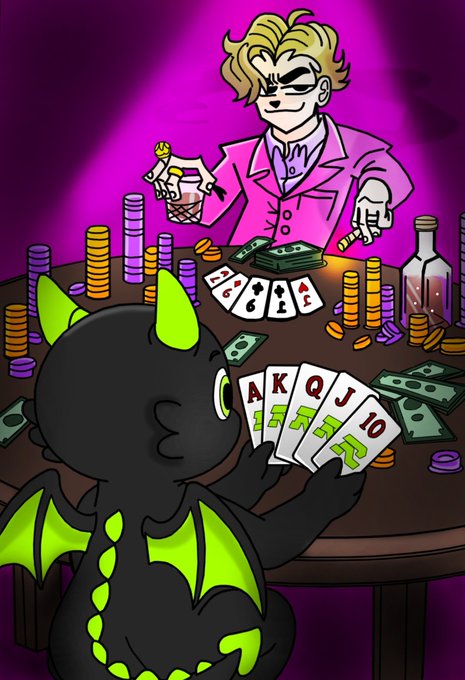 A cartoon illustration depicts a black dragon-like creature holding a royal flush poker hand (A, K, Q, J, 10) while facing a blonde man in a pink suit at a gambling table covered with chips and money.