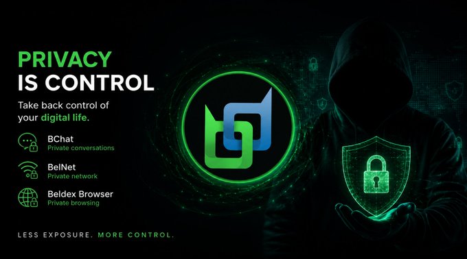 A dark promotional graphic for 'Beldex' reading 'PRIVACY IS CONTROL' and 'Take back control of your digital life,' listing 'BChat Private conversations,' 'BelNet Private network,' and 'Beldex Browser Private browsing,' next to a hooded figure holding a glowing green shield.