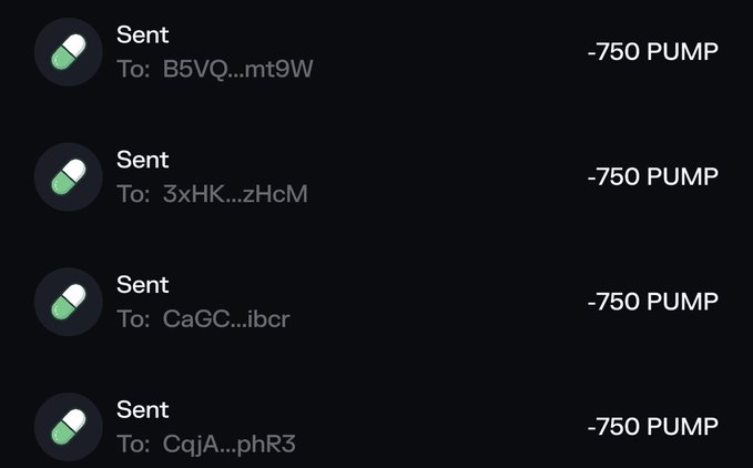 A screenshot of a cryptocurrency transaction history showing four separate 'Sent' transactions, each for -750 PUMP tokens sent to different wallet addresses on a dark background.