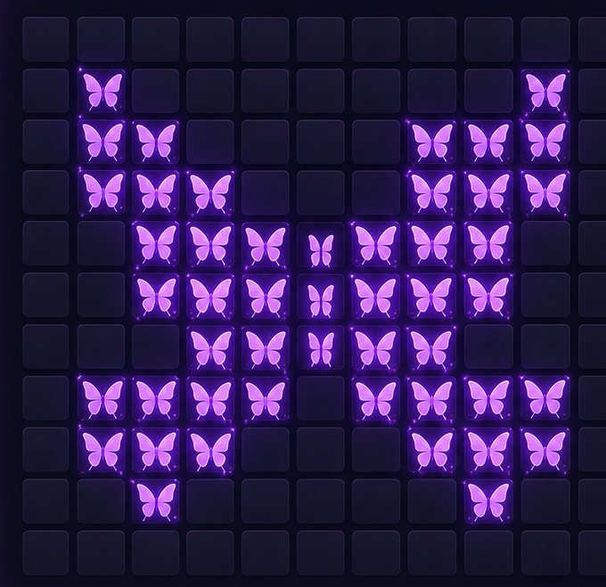 The image features a purple butterfly pattern composed of numerous small butterflies arranged in various positions, creating an abstract design that resembles a butterfly shape. The butterflies are illuminated with neon purple light, giving them a vibrant and eye-catching appearance. The background is black, which contrasts with the colorful butterflies and makes their presence even more prominent.

The image also contains text that reads "Post-quantum security and quantum mining are no longer future concepts @quipnetwork testnet is live using D-Wave'S Advantage2 hardware Results: Quantum hardware has shown strong performance with significantly lower energy usage Security: WOTS+ signatures already protect assets". This information suggests that the image may be related to a discussion or presentation about the advancements in quantum computing and their potential impact on various fields, including security.

The butterfly pattern serves as an interesting visual representation of the concept of Quantum computing, which is often used to describe the ability of computers to perform complex calculations at an exponentially faster rate than classical computers. The use of neon purple lighting further emphasizes the futuristic and innovative nature of this technology.