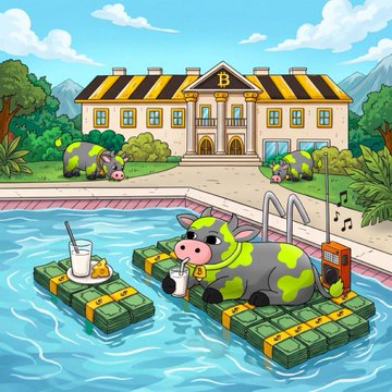 The image shows a cartoon cow relaxing by a pool at a luxurious mansion labeled "B," wearing headphones and drinking a beverage, fitting the "$MOO" cow-themed meme token. The accompanying post announces the launch of $MOO today at 4 PM UTC on Pons, paired with cbBTC (Coinbase Wrapped Bitcoin), with the project followed by LBank.