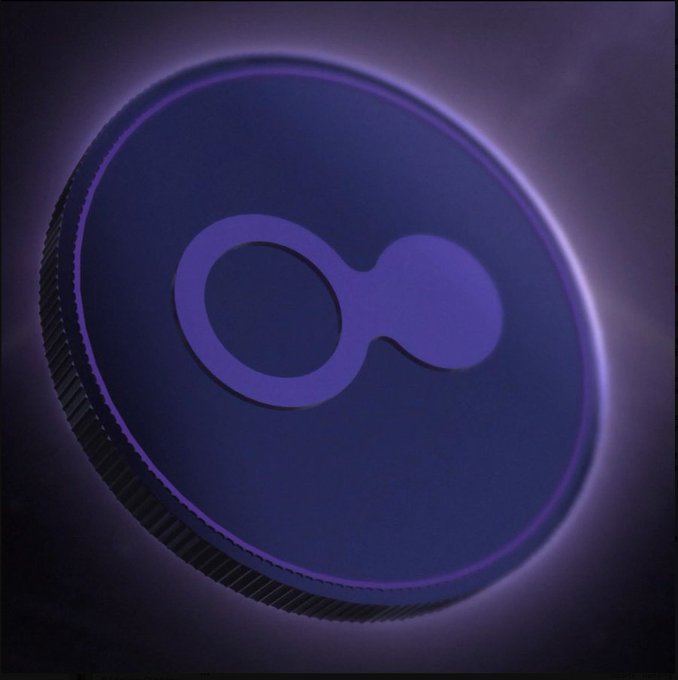 A close-up 3D rendering of the Polygon (MATIC) cryptocurrency logo, shown as a purple coin with its distinctive interlocking circles symbol.
