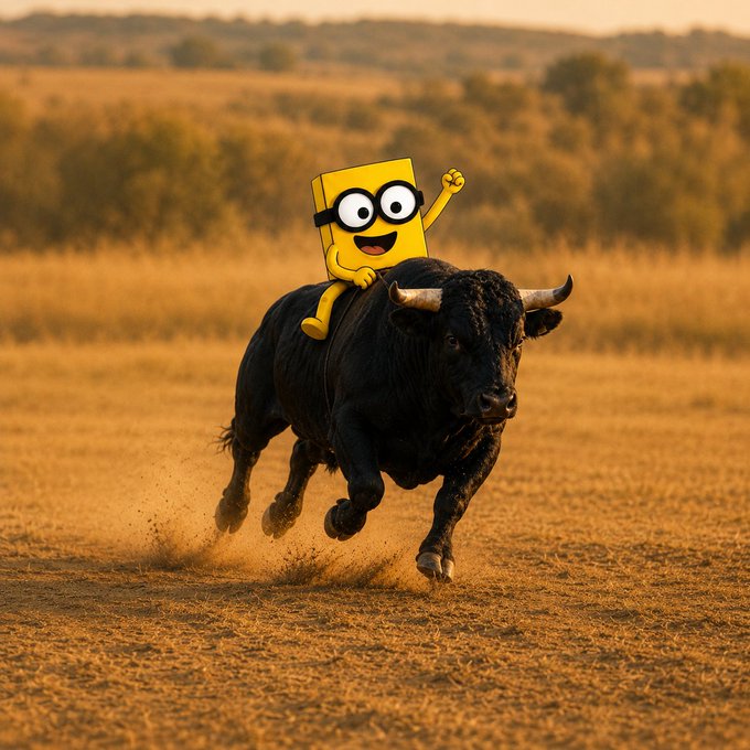 AI-generated image of a Minion character riding a charging black bull through a dusty field.