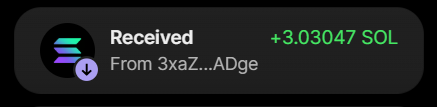 A notification showing a successful receipt of +3.03047 SOL from wallet 3xaZ...ADge, confirming the purchase transaction of 136 million $BULLPURR tokens referenced in the post.